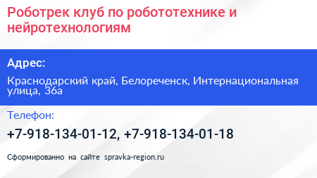 Роботрек клуб по робототехнике и нейротехнологиям - визитка