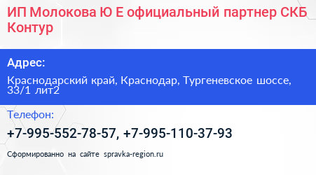 ИП Молокова Ю Е официальный партнер СКБ Контур - визитка