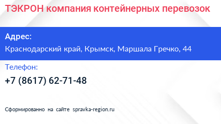 ТЭКРОН компания контейнерных перевозок - визитка