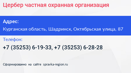Цербер частная охранная организация - визитка
