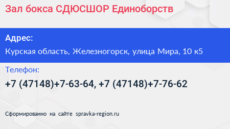 Зал бокса СДЮСШОР Единоборств - визитка
