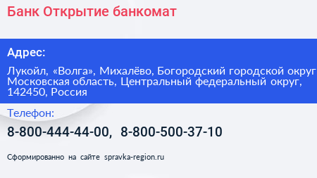 Банк Открытие банкомат - визитка