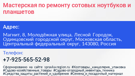 Мастерская по ремонту сотовых ноутбуков и планшетов - визитка