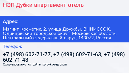 НЭП Дубки апартамент отель - визитка