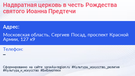 Надвратная церковь в честь Рождества святого Иоанна Предтечи - визитка