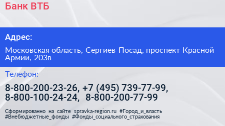 Банк ВТБ - визитка