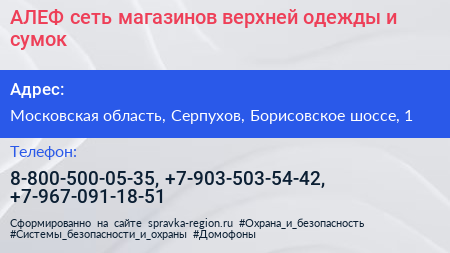 АЛЕФ сеть магазинов верхней одежды и сумок - визитка