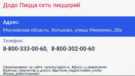 Додо Пицца сеть пиццерий - визитка