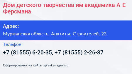 Дом детского творчества им академика А Е Ферсмана - визитка