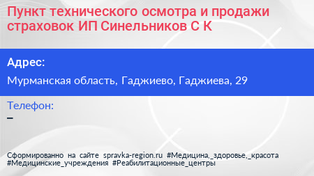 Пункт технического осмотра и продажи страховок ИП Синельников С К  - визитка