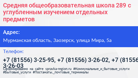 Средняя общеобразовательная школа 289 с углубленным изучением отдельных предметов - визитка
