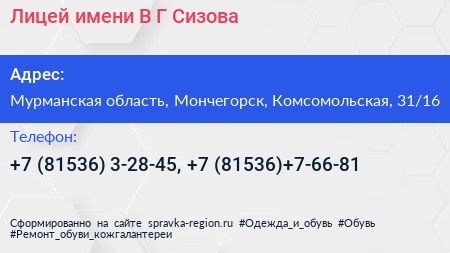 Лицей имени В Г Сизова - визитка