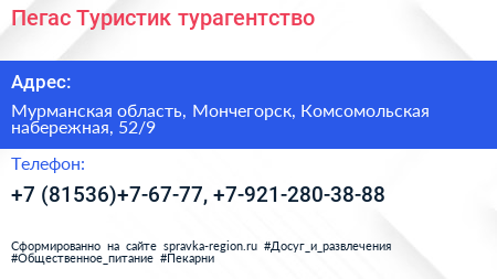 Пегас Туристик турагентство - визитка