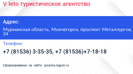 V leto туристическое агентство - визитка