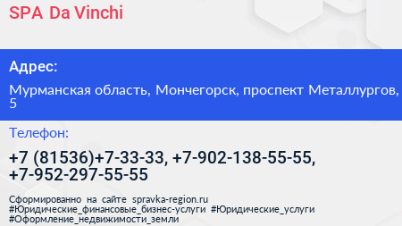 SPA Da Vinchi - визитка