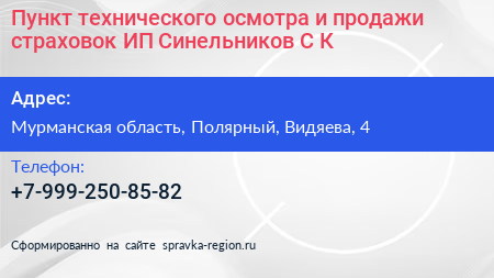Пункт технического осмотра и продажи страховок ИП Синельников С К  - визитка