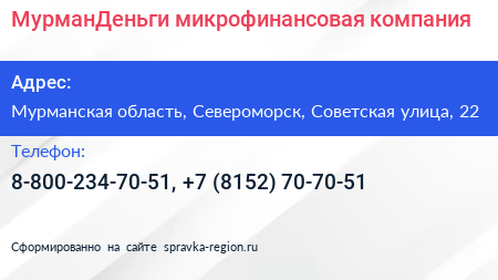 МурманДеньги микрофинансовая компания - визитка