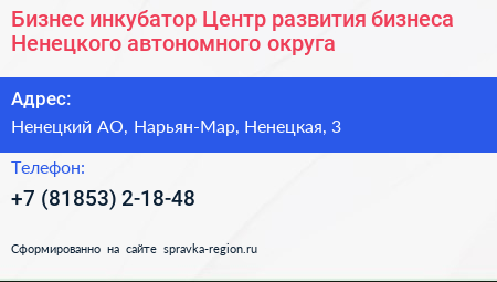 Бизнес инкубатор Центр развития бизнеса Ненецкого автономного округа - визитка