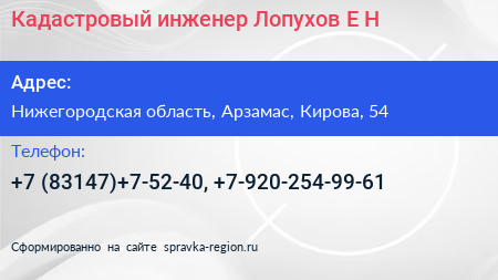 Кадастровый инженер Лопухов Е Н  - визитка