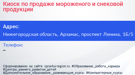Киоск по продаже мороженого и снековой продукции - визитка