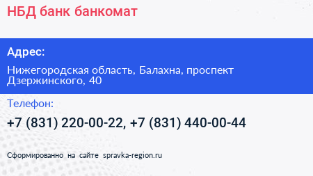 НБД банк банкомат - визитка