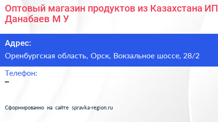 Оптовый магазин продуктов из Казахстана ИП Данабаев М У  - визитка