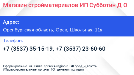 Магазин стройматериалов ИП Субботин Д О  - визитка