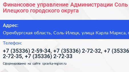 Финансовое управление Администрации Соль Илецкого городского округа - визитка