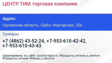 ЦЕНТР ТИМ торговая компания - визитка