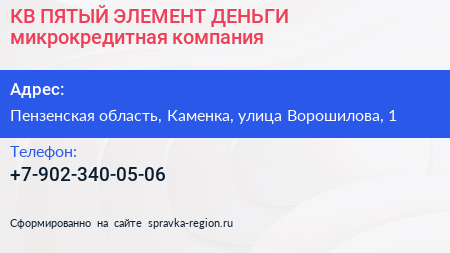 КВ ПЯТЫЙ ЭЛЕМЕНТ ДЕНЬГИ микрокредитная компания - визитка