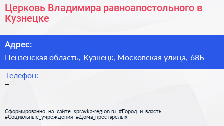 Церковь Владимира равноапостольного в Кузнецке - визитка