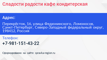 Сладости радости кафе кондитерская - визитка