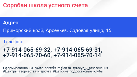 Соробан школа устного счета - визитка