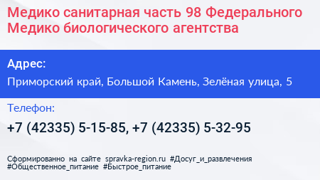 Медико санитарная часть 98 Федерального Медико биологического агентства - визитка