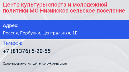 Центр культуры спорта и молодежной политики МО Низинское сельское поселение - визитка