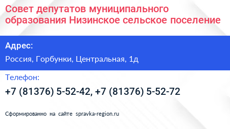Совет депутатов муниципального образования Низинское сельское поселение - визитка