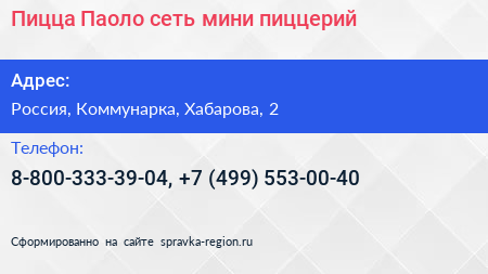 Пицца Паоло сеть мини пиццерий - визитка