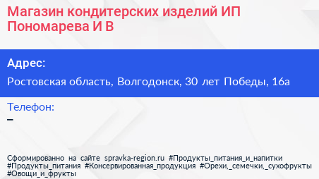 Магазин кондитерских изделий ИП Пономарева И В  - визитка
