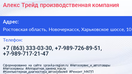Алекс Трейд производственная компания - визитка