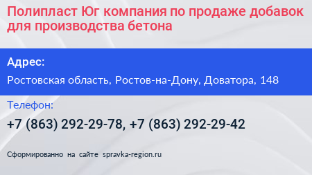 Полипласт Юг компания по продаже добавок для производства бетона - визитка