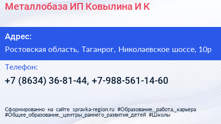 Металлобаза ИП Ковылина И К  - визитка