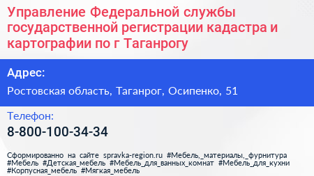 Управление Федеральной службы государственной регистрации кадастра и картографии по г Таганрогу - визитка