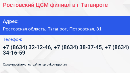 Ростовский ЦСМ филиал в г Таганроге - визитка