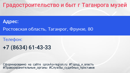Градостроительство и быт г Таганрога музей - визитка