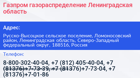 Газпром газораспределение Ленинградская область - визитка