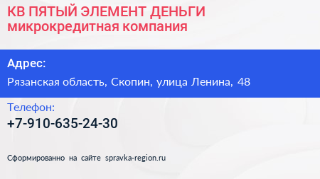 КВ ПЯТЫЙ ЭЛЕМЕНТ ДЕНЬГИ микрокредитная компания - визитка
