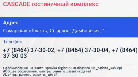 CASCADE гостиничный комплекс - визитка
