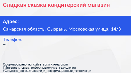 Сладкая сказка кондитерский магазин - визитка