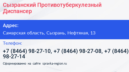 Сызранский Противотуберкулезный Диспансер - визитка