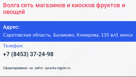 Волга сеть магазинов и киосков фруктов и овощей - визитка